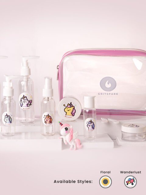 GritSpark UnicornTravel Toiletry Bottles & Jars Kit with Pouch 11pcs