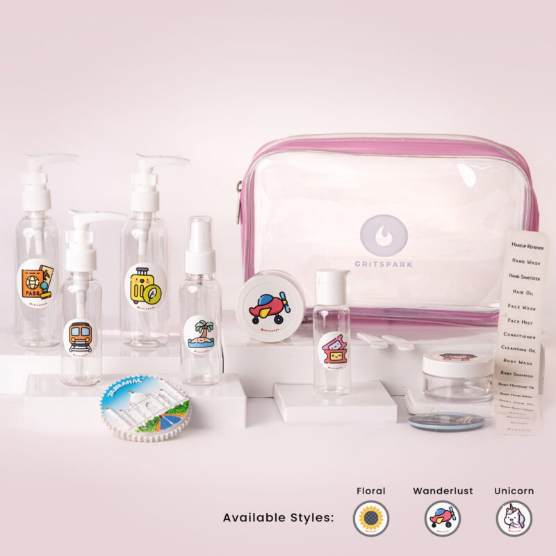 GritSpark Wanderlust Travel Toiletry Bottles & Jars Kit with Pouch 11pcs