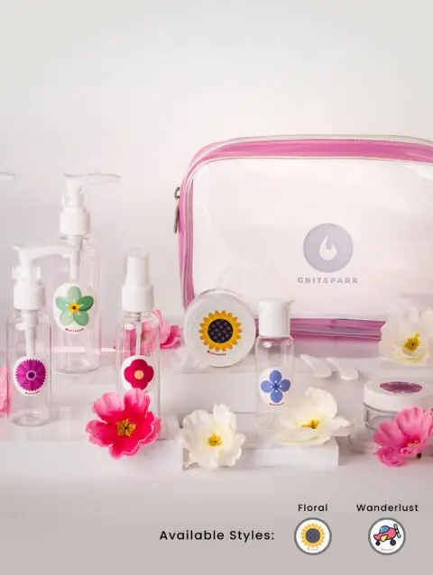 GritSpark Floral Travel Toiletry Bottles & Jars Kit with Pouch 11pcs