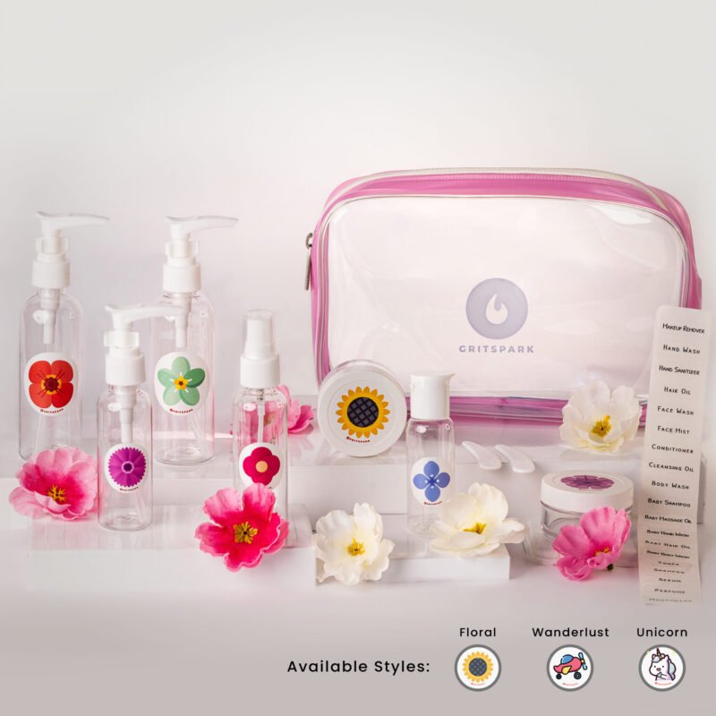 GritSpark Floral Travel Toiletry Bottles & Jars Kit with Pouch 11pcs