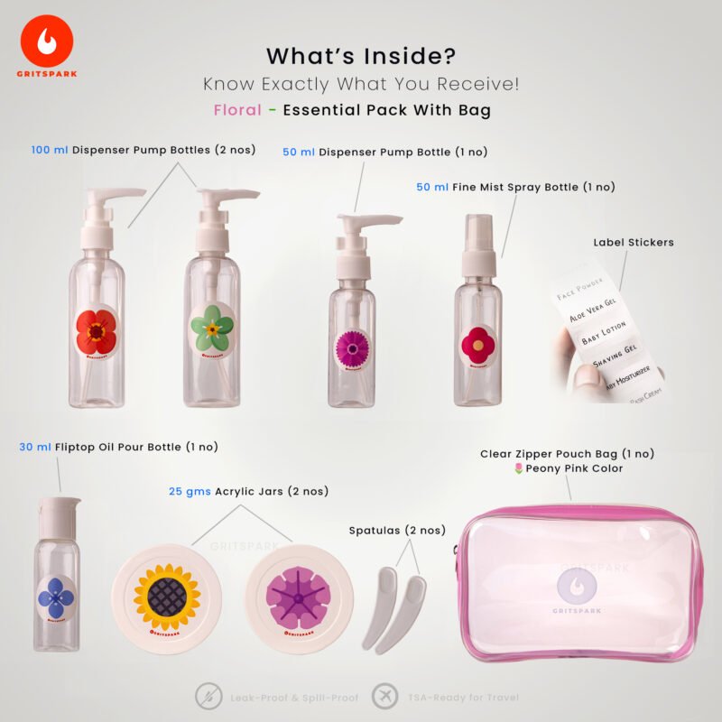 What you get when you order GritSpark Floral Essential Travel Kit