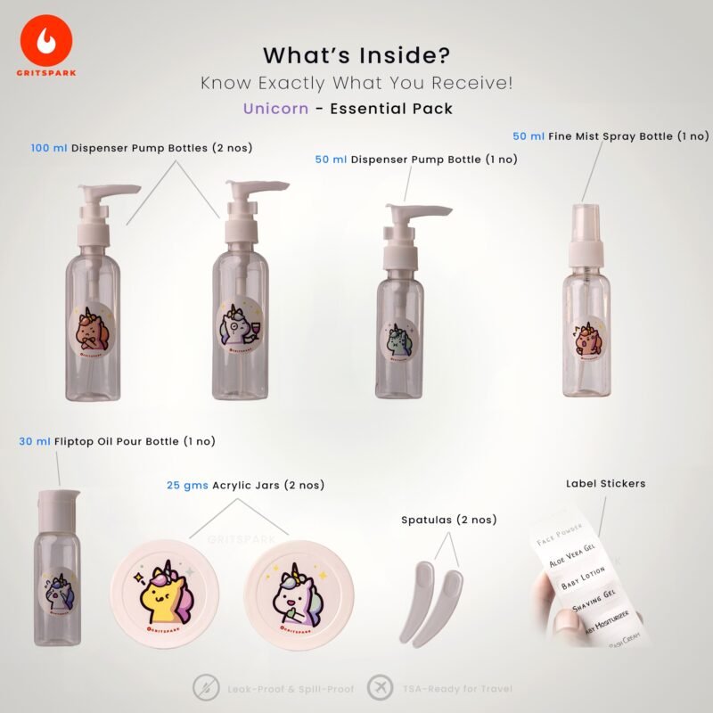 GritSpark Travel Toiletry Bottles Kit Unicorn